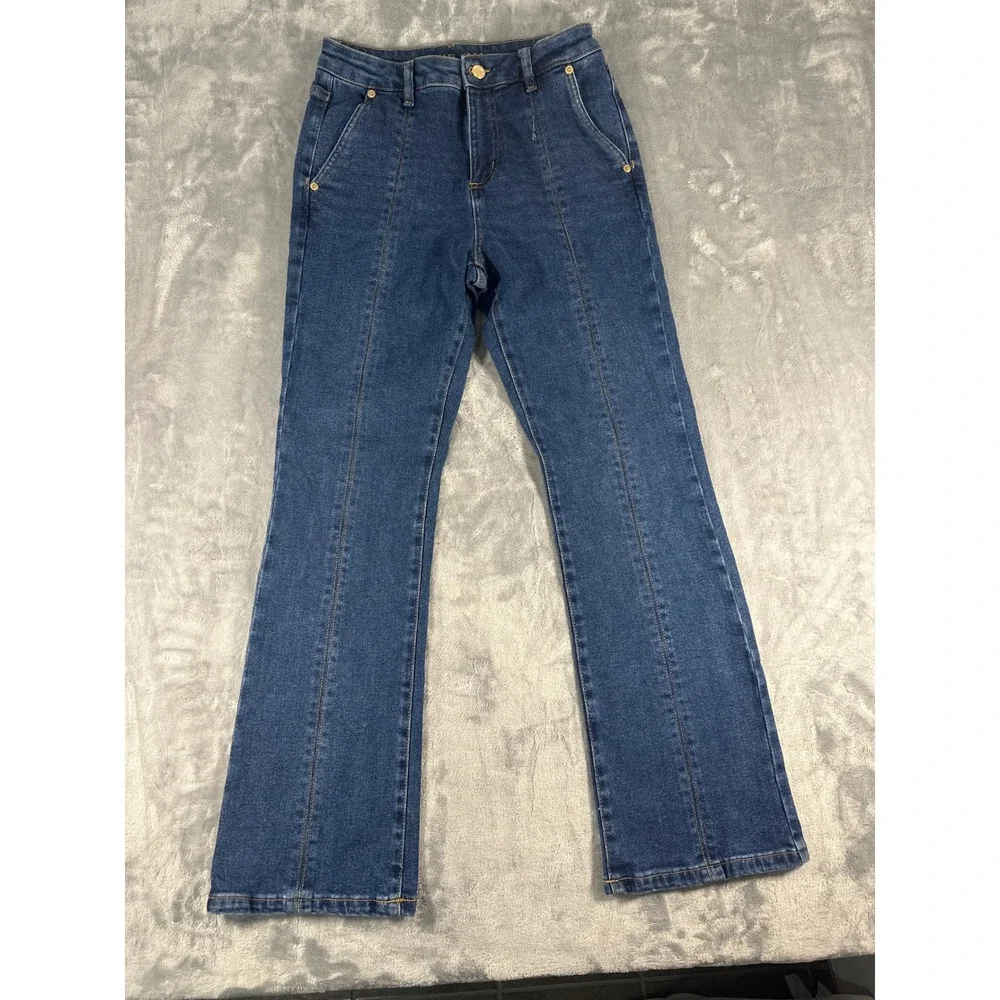 Michael Kors Womens Pintuck Seam Flare Leg Jeans Dark Wash‎ Blue Gold Hardware 4